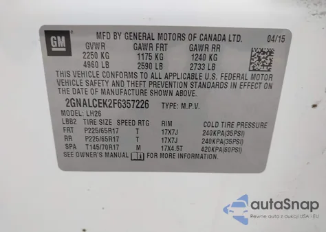 2015 Chevrolet Equinox 2Lt z USA, uszkodzony, nr VIN 2GNALCEK2F6357226